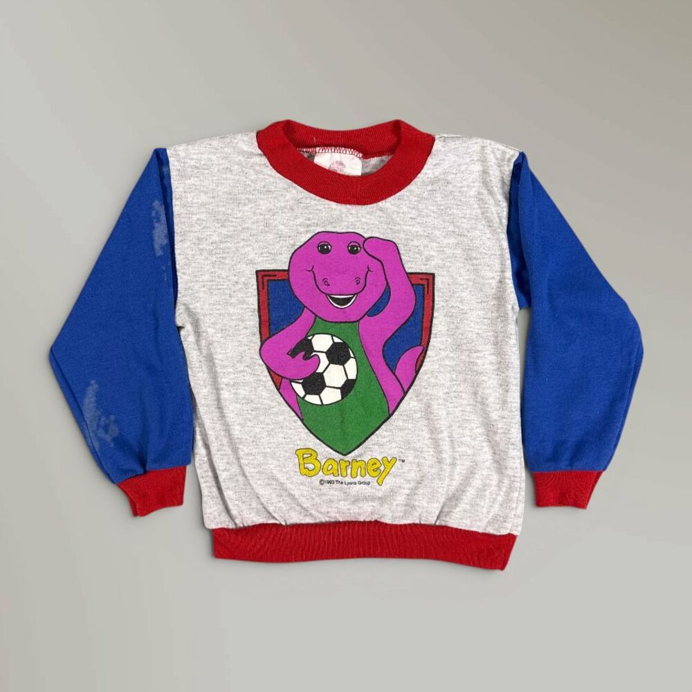 Vintage Barney Sweatshirt Sweater 1993 Gray Blue Soccer Made In USA Size 3T RARE
